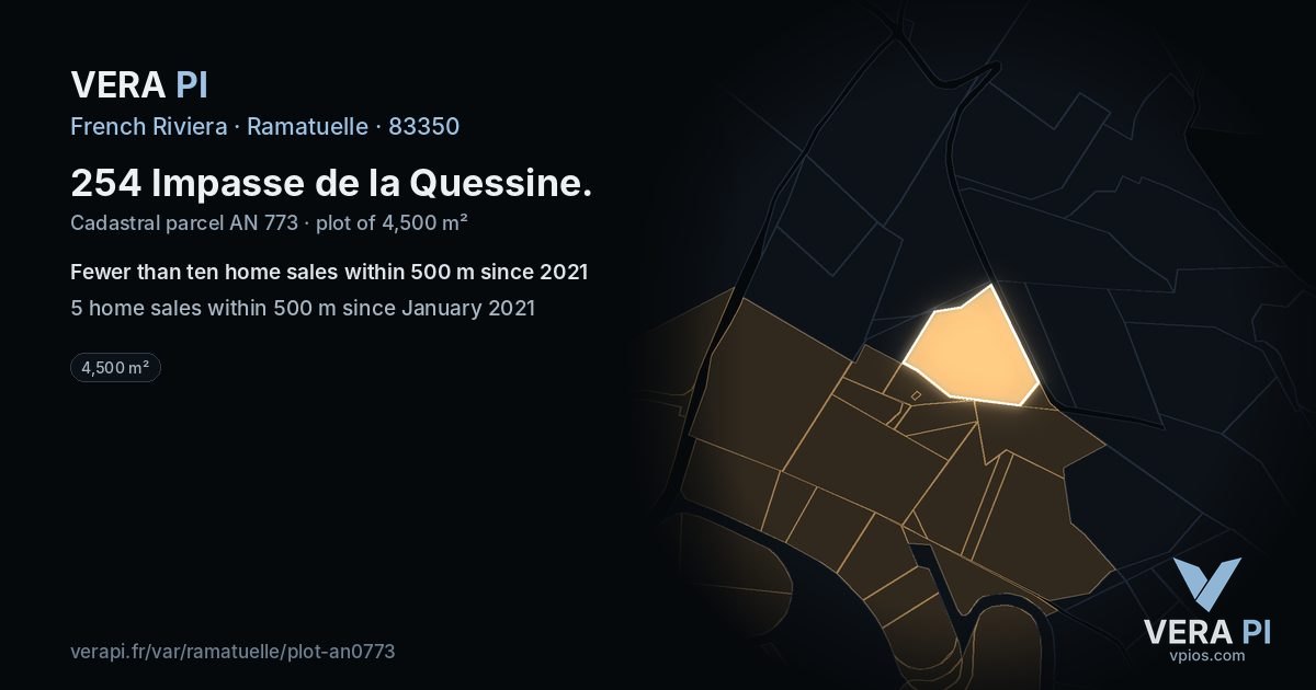 254 Impasse de la Quessine, Ramatuelle at night – the plot lit, the parcels around coloured by the prices near them