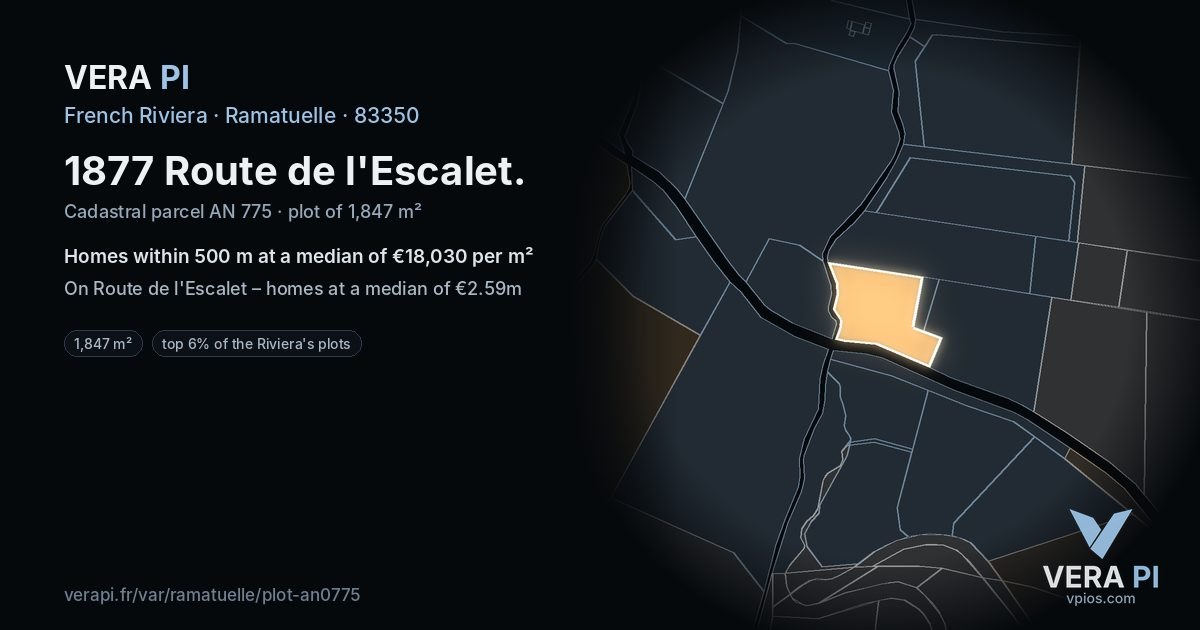1877 Route de l'Escalet, Ramatuelle at night – the plot lit, the parcels around coloured by the prices near them
