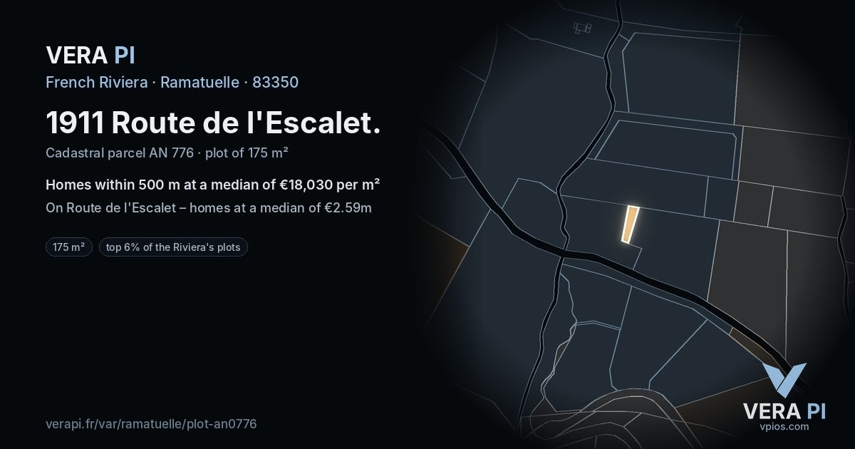 1911 Route de l'Escalet, Ramatuelle at night – the plot lit, the parcels around coloured by the prices near them