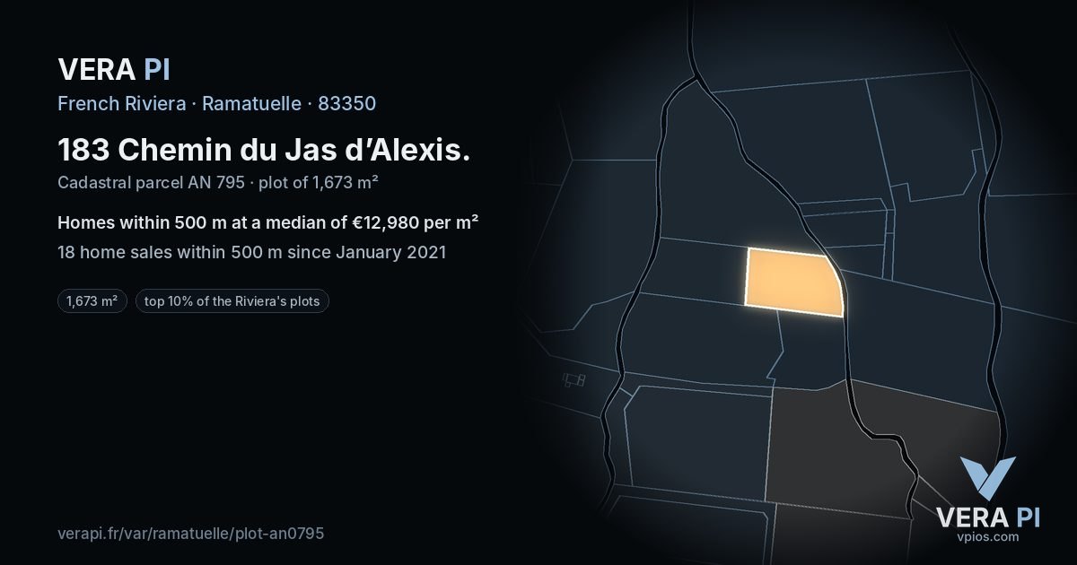 183 Chemin du Jas d’Alexis, Ramatuelle at night – the plot lit, the parcels around coloured by the prices near them