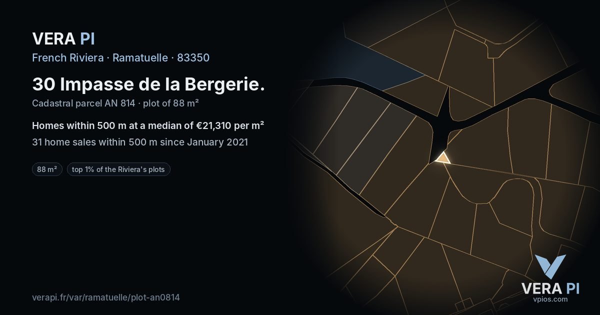 30 Impasse de la Bergerie, Ramatuelle at night – the plot lit, the parcels around coloured by the prices near them