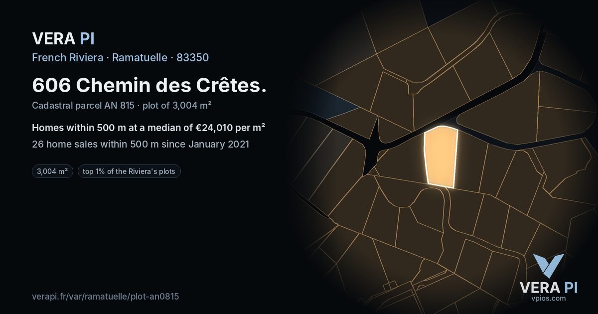606 Chemin des Crêtes, Ramatuelle at night – the plot lit, the parcels around coloured by the prices near them
