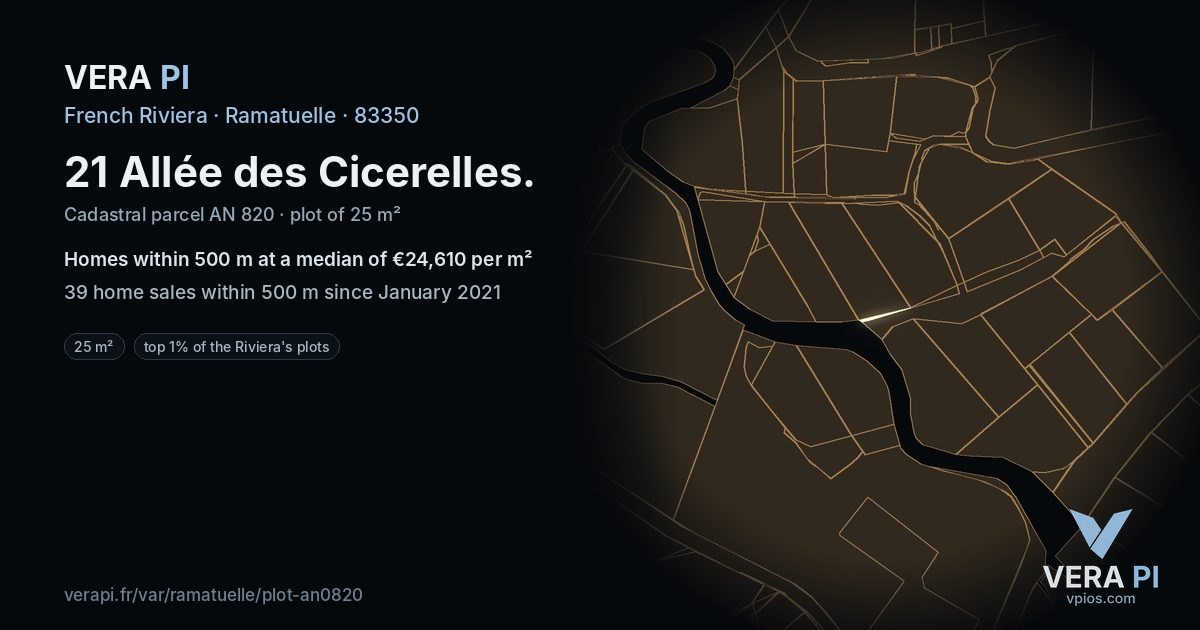 21 Allée des Cicerelles, Ramatuelle at night – the plot lit, the parcels around coloured by the prices near them