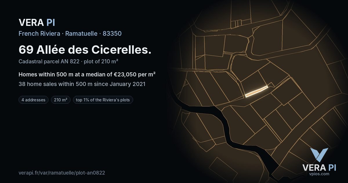 69 Allée des Cicerelles, Ramatuelle at night – the plot lit, the parcels around coloured by the prices near them