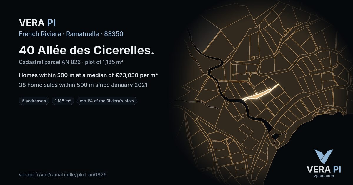 40 Allée des Cicerelles, Ramatuelle at night – the plot lit, the parcels around coloured by the prices near them