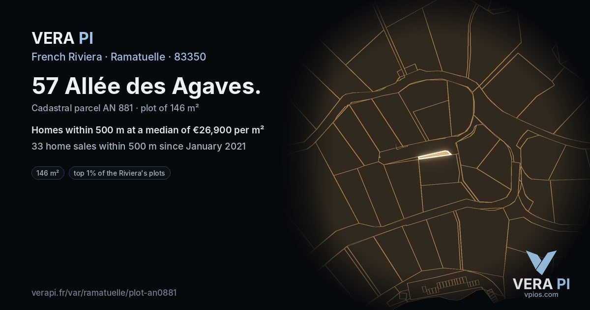 57 Allée des Agaves, Ramatuelle at night – the plot lit, the parcels around coloured by the prices near them