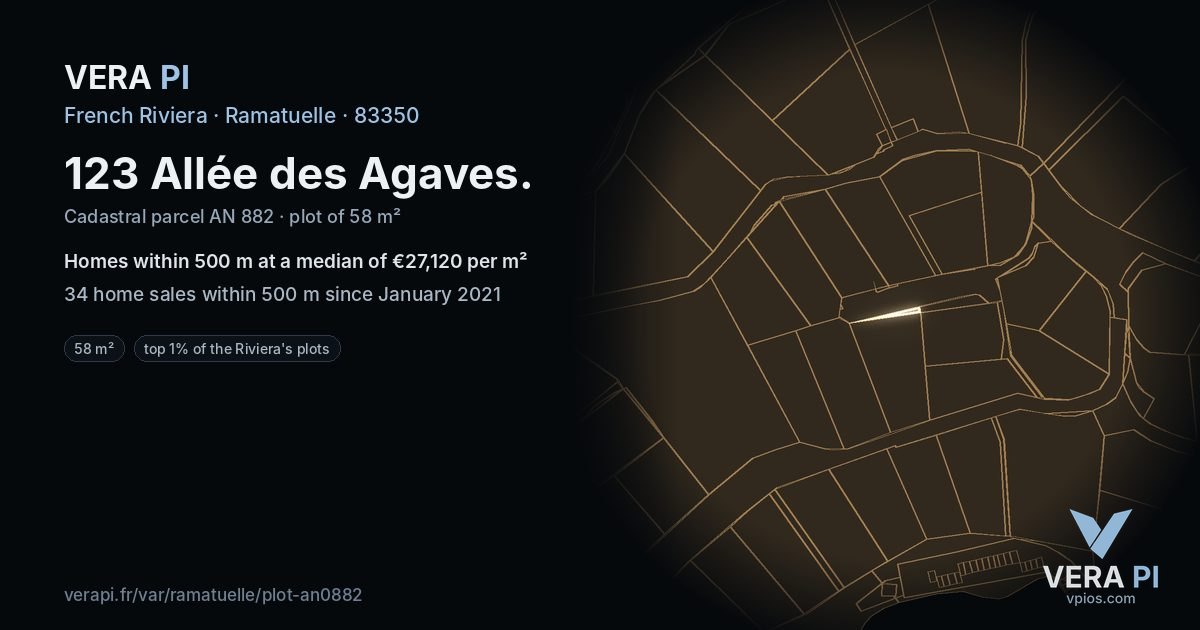 123 Allée des Agaves, Ramatuelle at night – the plot lit, the parcels around coloured by the prices near them