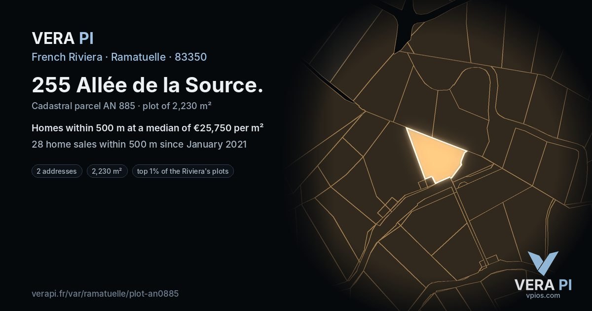 255 Allée de la Source, Ramatuelle at night – the plot lit, the parcels around coloured by the prices near them