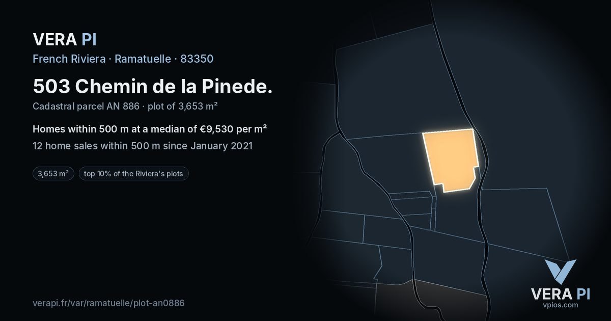503 Chemin de la Pinede, Ramatuelle at night – the plot lit, the parcels around coloured by the prices near them