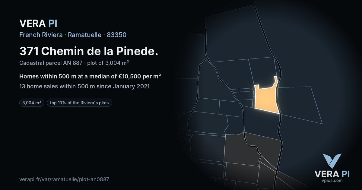 371 Chemin de la Pinede, Ramatuelle at night – the plot lit, the parcels around coloured by the prices near them