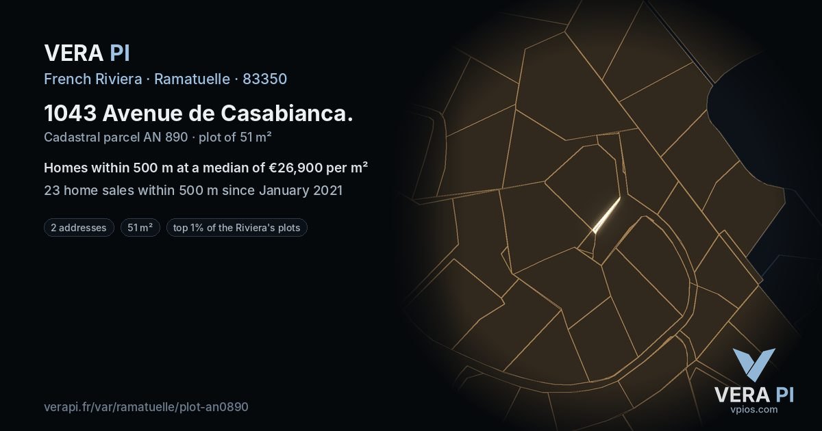 1043 Avenue de Casabianca, Ramatuelle at night – the plot lit, the parcels around coloured by the prices near them