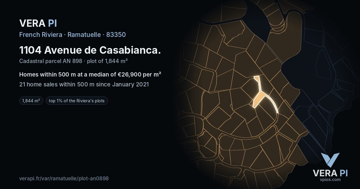 1104 Avenue de Casabianca, Ramatuelle at night – the plot lit, the parcels around coloured by the prices near them