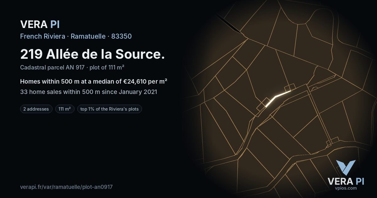 219 Allée de la Source, Ramatuelle at night – the plot lit, the parcels around coloured by the prices near them