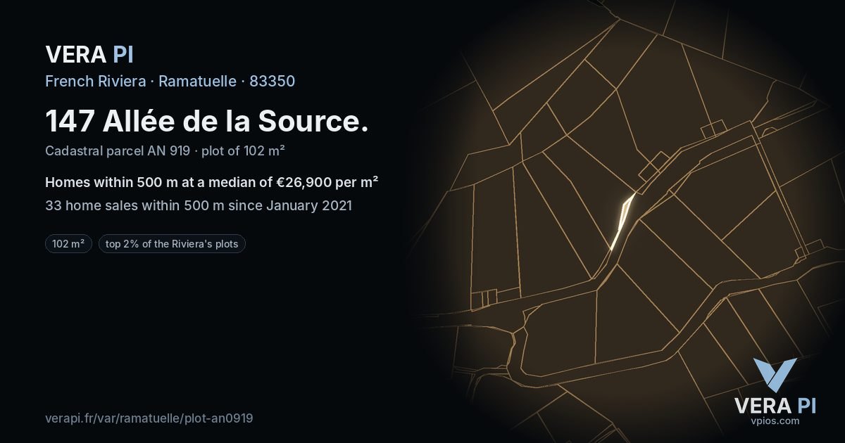 147 Allée de la Source, Ramatuelle at night – the plot lit, the parcels around coloured by the prices near them