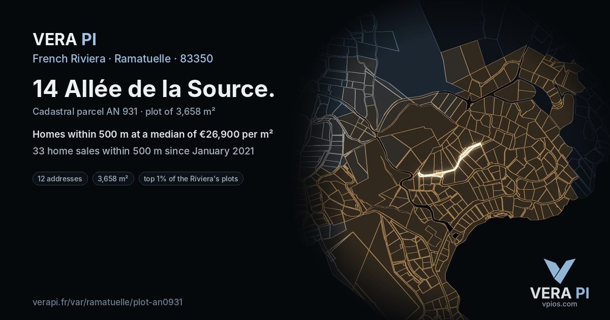 14 Allée de la Source, Ramatuelle at night – the plot lit, the parcels around coloured by the prices near them