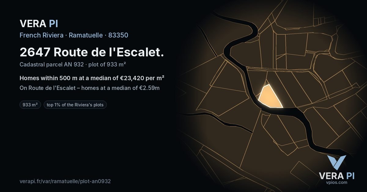 2647 Route de l'Escalet, Ramatuelle at night – the plot lit, the parcels around coloured by the prices near them