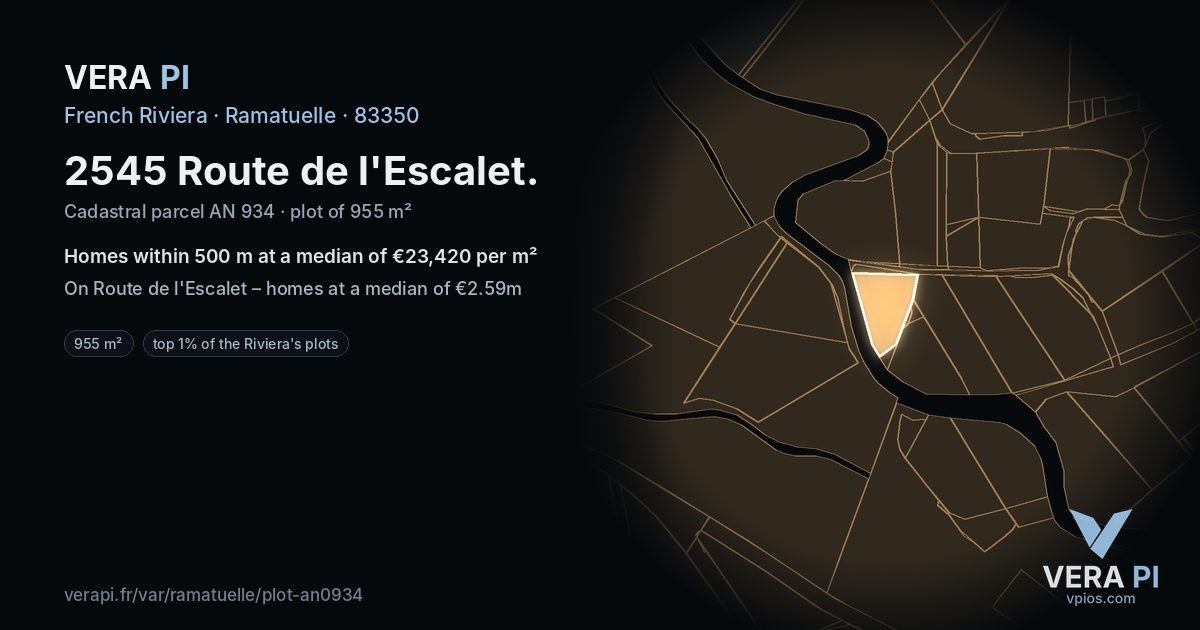 2545 Route de l'Escalet, Ramatuelle at night – the plot lit, the parcels around coloured by the prices near them