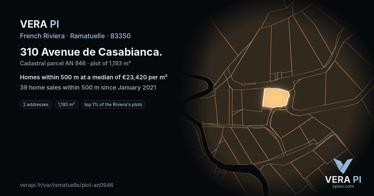 310 Avenue de Casabianca, Ramatuelle at night – the plot lit, the parcels around coloured by the prices near them