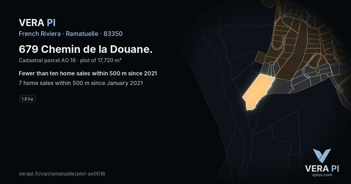 679 Chemin de la Douane, Ramatuelle at night – the plot lit, the parcels around coloured by the prices near them