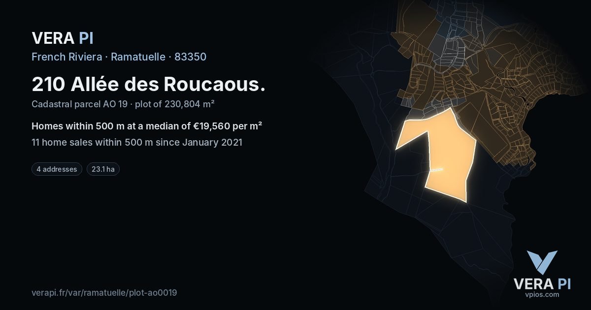210 Allée des Roucaous, Ramatuelle at night – the plot lit, the parcels around coloured by the prices near them