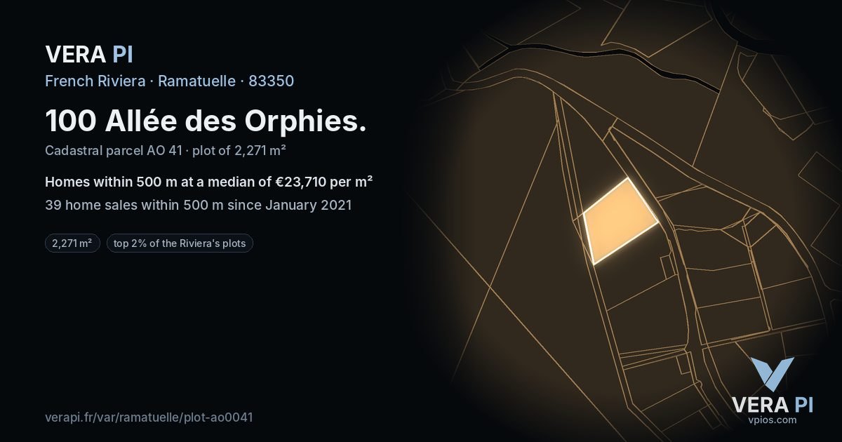 100 Allée des Orphies, Ramatuelle at night – the plot lit, the parcels around coloured by the prices near them