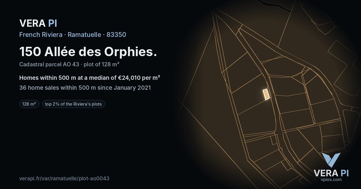 150 Allée des Orphies, Ramatuelle at night – the plot lit, the parcels around coloured by the prices near them
