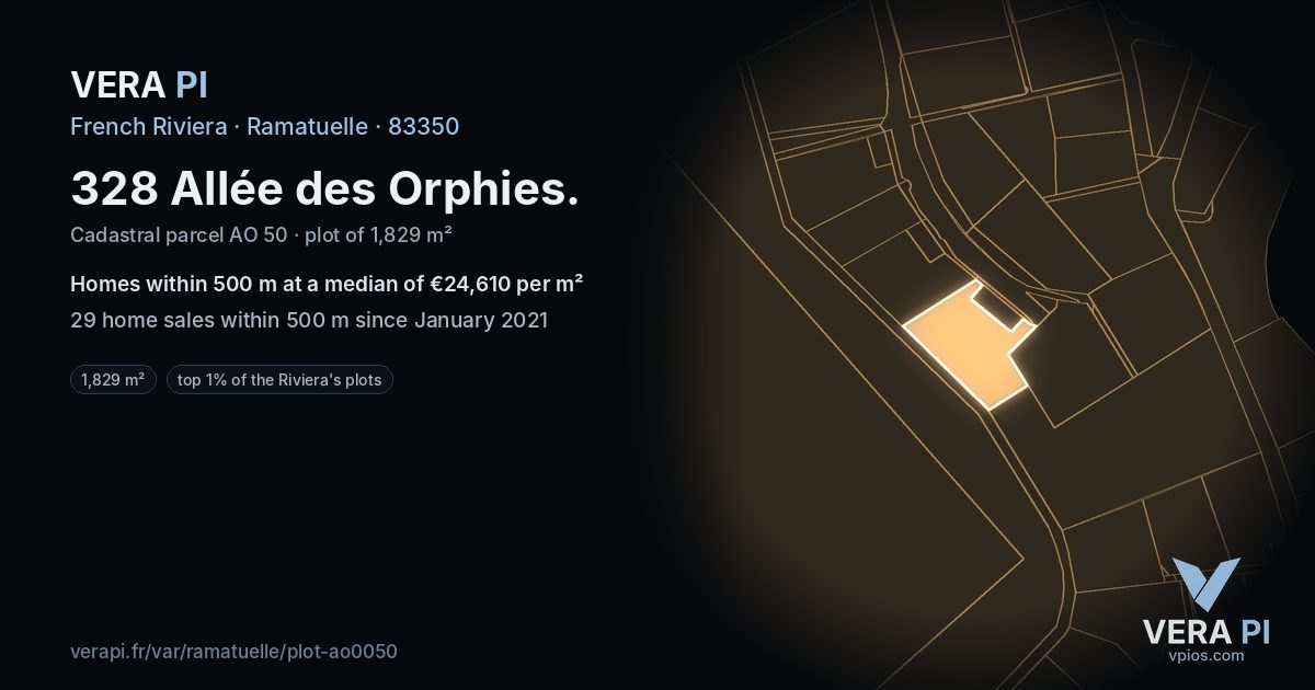 328 Allée des Orphies, Ramatuelle at night – the plot lit, the parcels around coloured by the prices near them