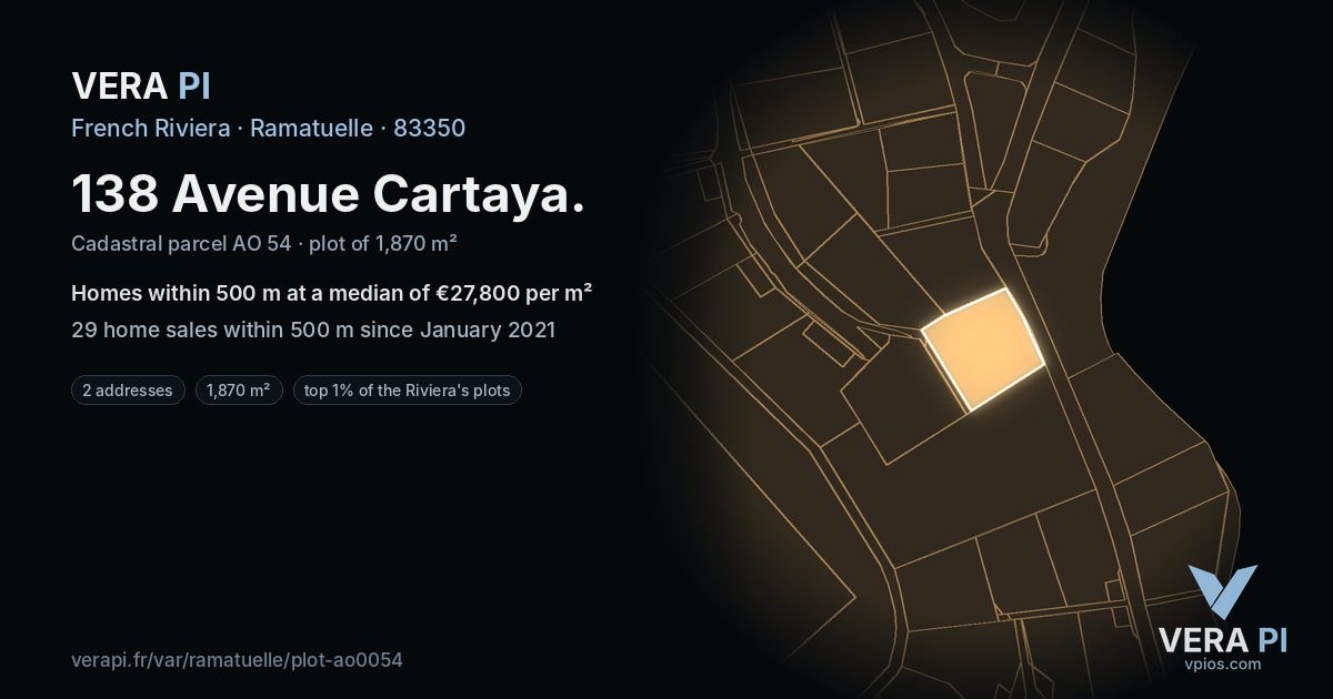 138 Avenue Cartaya, Ramatuelle at night – the plot lit, the parcels around coloured by the prices near them
