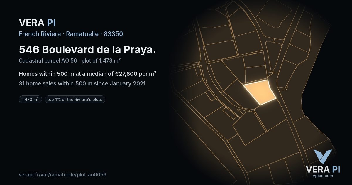 546 Boulevard de la Praya, Ramatuelle at night – the plot lit, the parcels around coloured by the prices near them