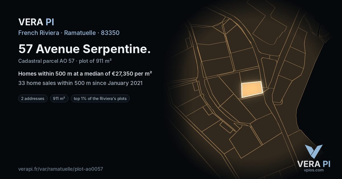 57 Avenue Serpentine, Ramatuelle at night – the plot lit, the parcels around coloured by the prices near them