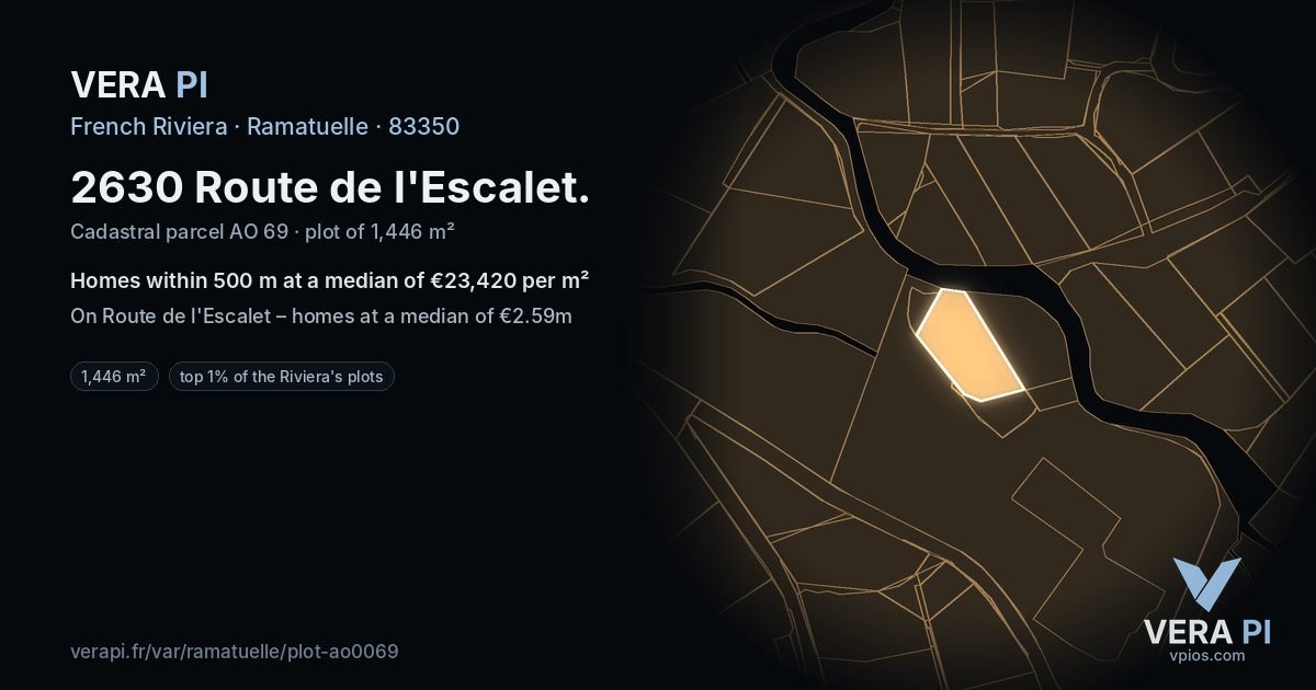 2630 Route de l'Escalet, Ramatuelle at night – the plot lit, the parcels around coloured by the prices near them