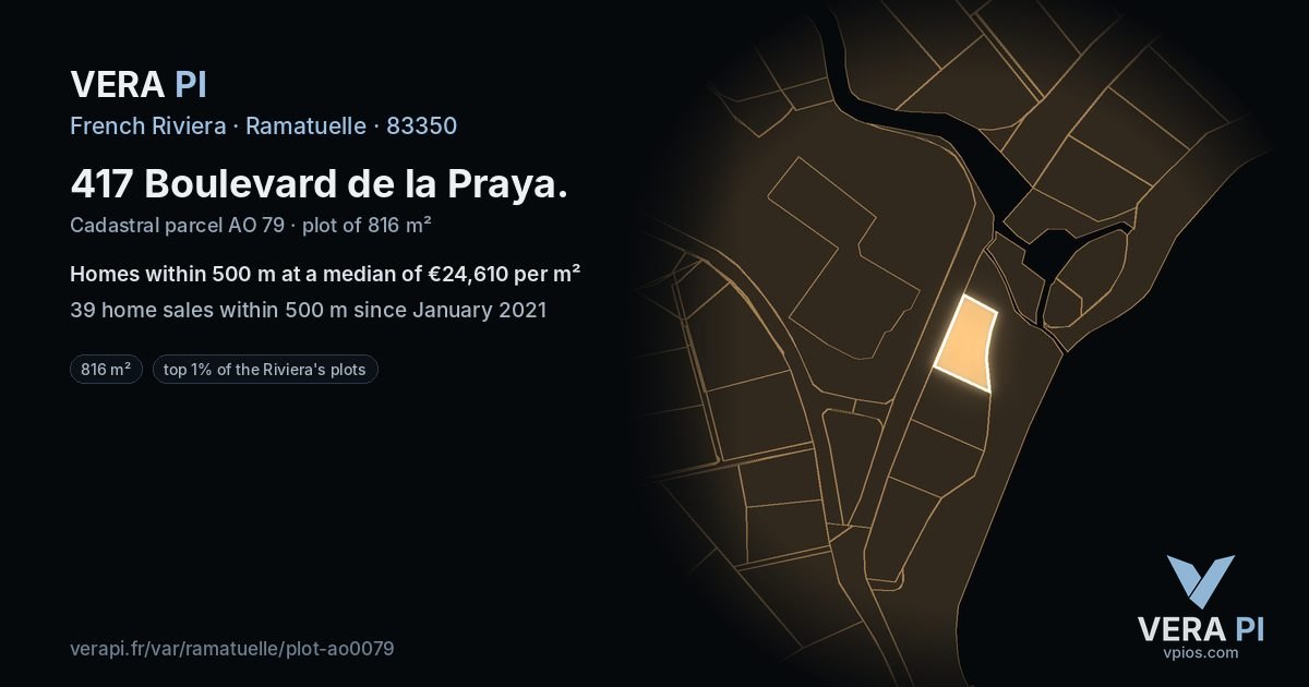417 Boulevard de la Praya, Ramatuelle at night – the plot lit, the parcels around coloured by the prices near them