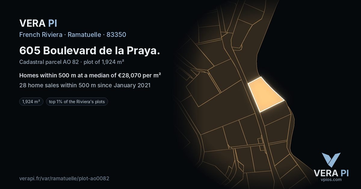 605 Boulevard de la Praya, Ramatuelle at night – the plot lit, the parcels around coloured by the prices near them