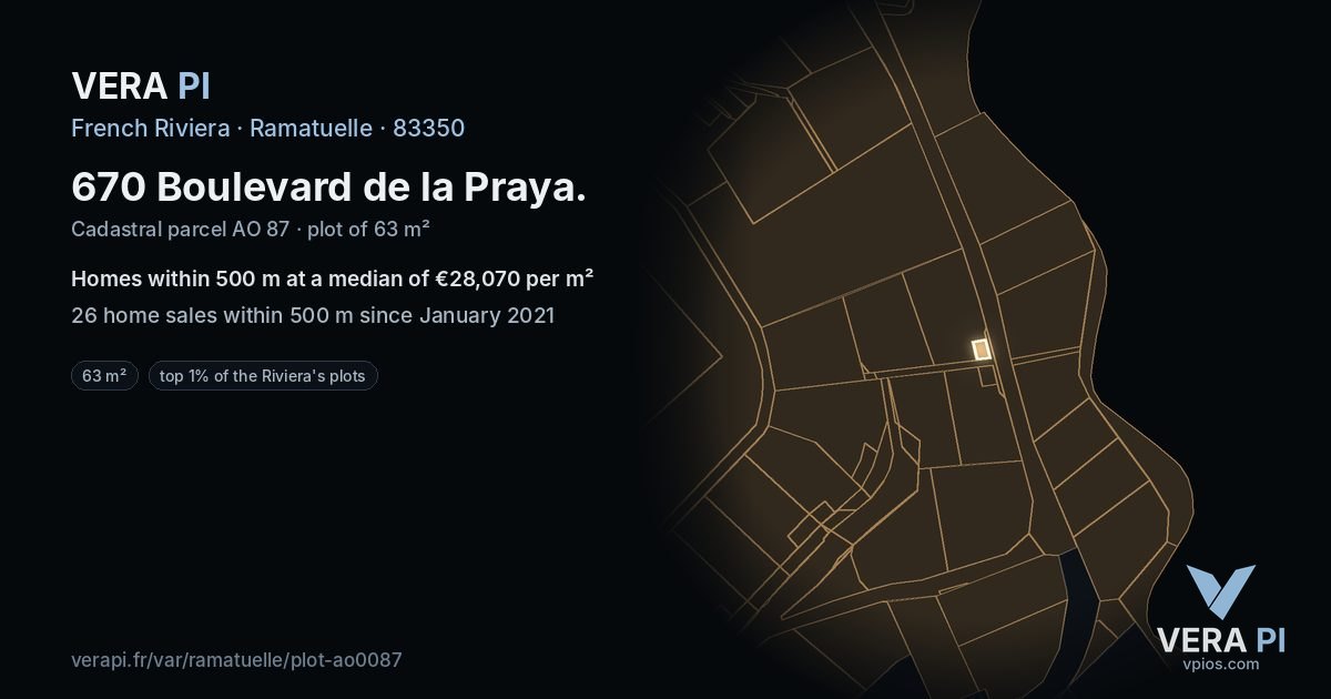 670 Boulevard de la Praya, Ramatuelle at night – the plot lit, the parcels around coloured by the prices near them