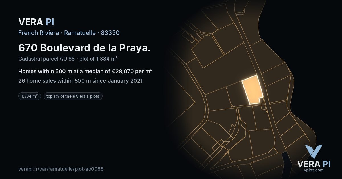 670 Boulevard de la Praya, Ramatuelle at night – the plot lit, the parcels around coloured by the prices near them