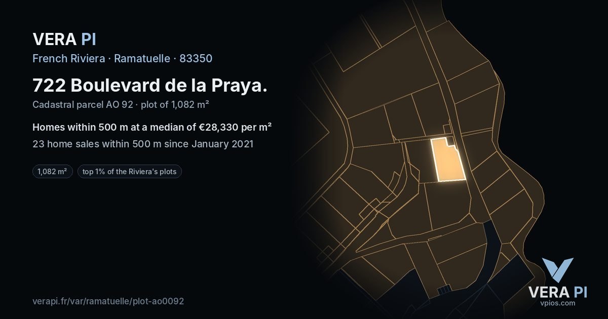 722 Boulevard de la Praya, Ramatuelle at night – the plot lit, the parcels around coloured by the prices near them