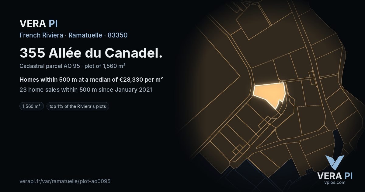 355 Allée du Canadel, Ramatuelle at night – the plot lit, the parcels around coloured by the prices near them
