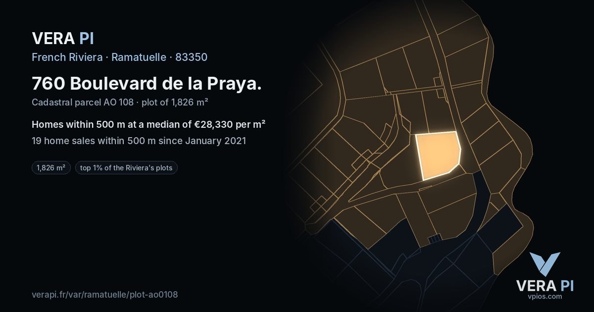 760 Boulevard de la Praya, Ramatuelle at night – the plot lit, the parcels around coloured by the prices near them