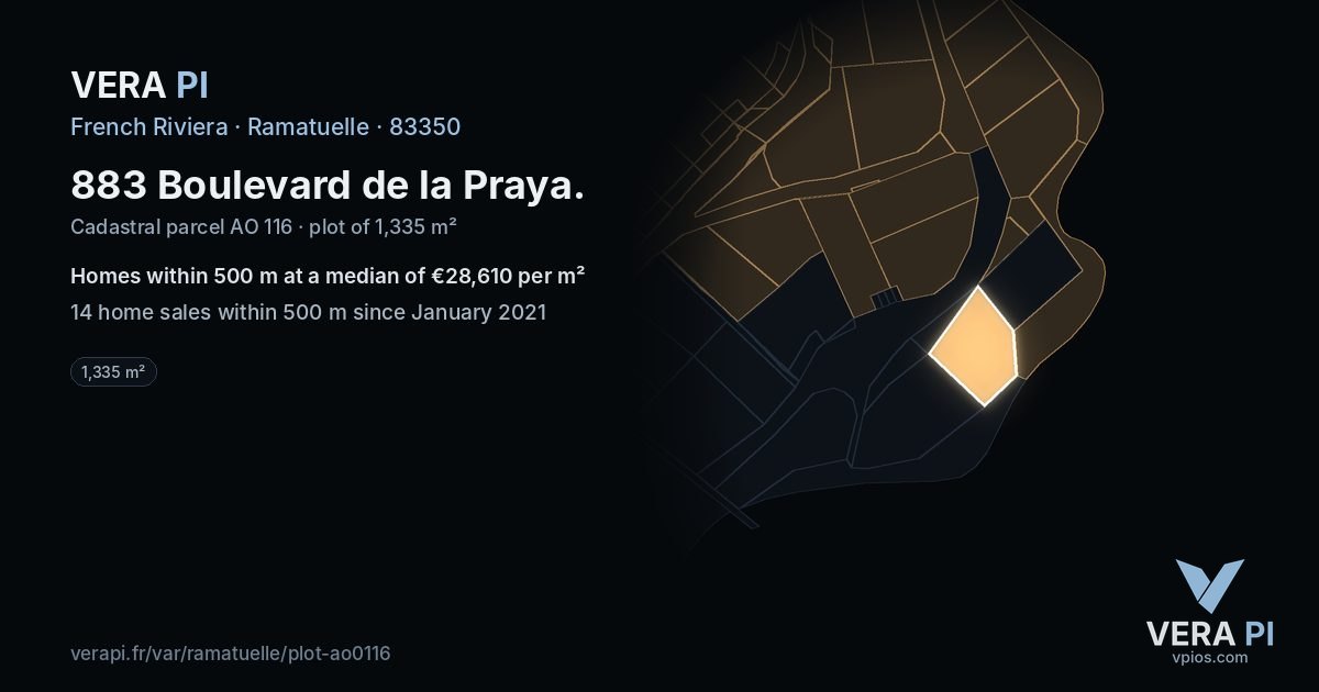 883 Boulevard de la Praya, Ramatuelle at night – the plot lit, the parcels around coloured by the prices near them