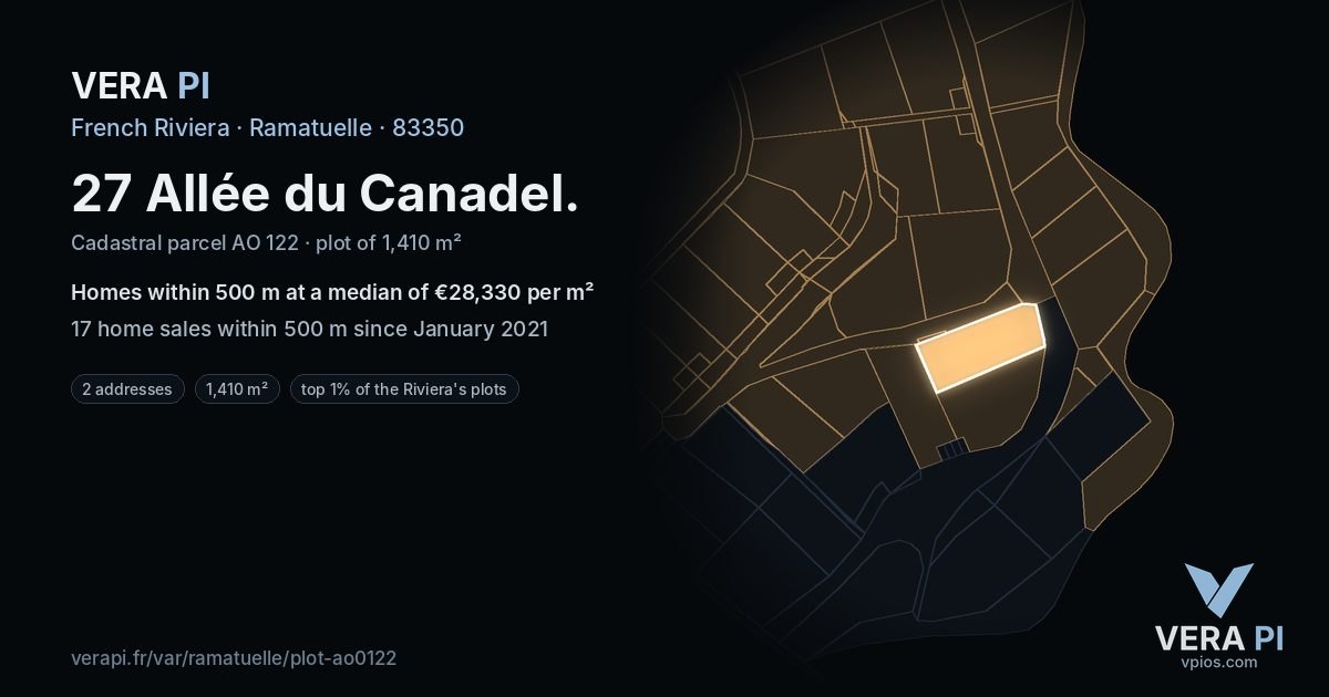 27 Allée du Canadel, Ramatuelle at night – the plot lit, the parcels around coloured by the prices near them