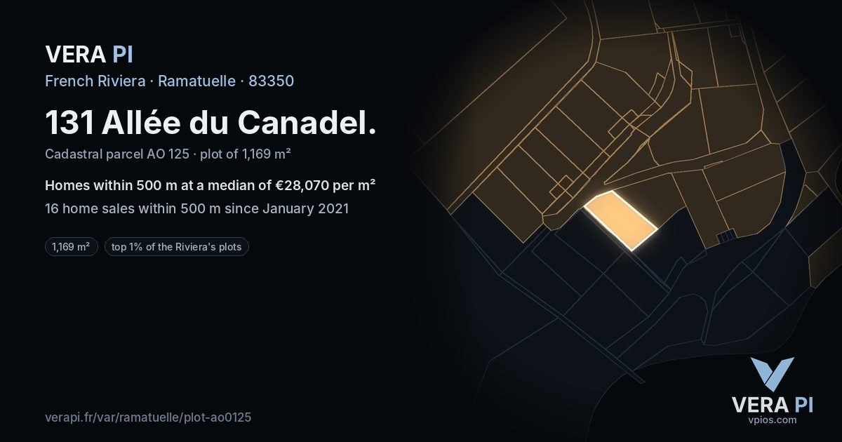 131 Allée du Canadel, Ramatuelle at night – the plot lit, the parcels around coloured by the prices near them