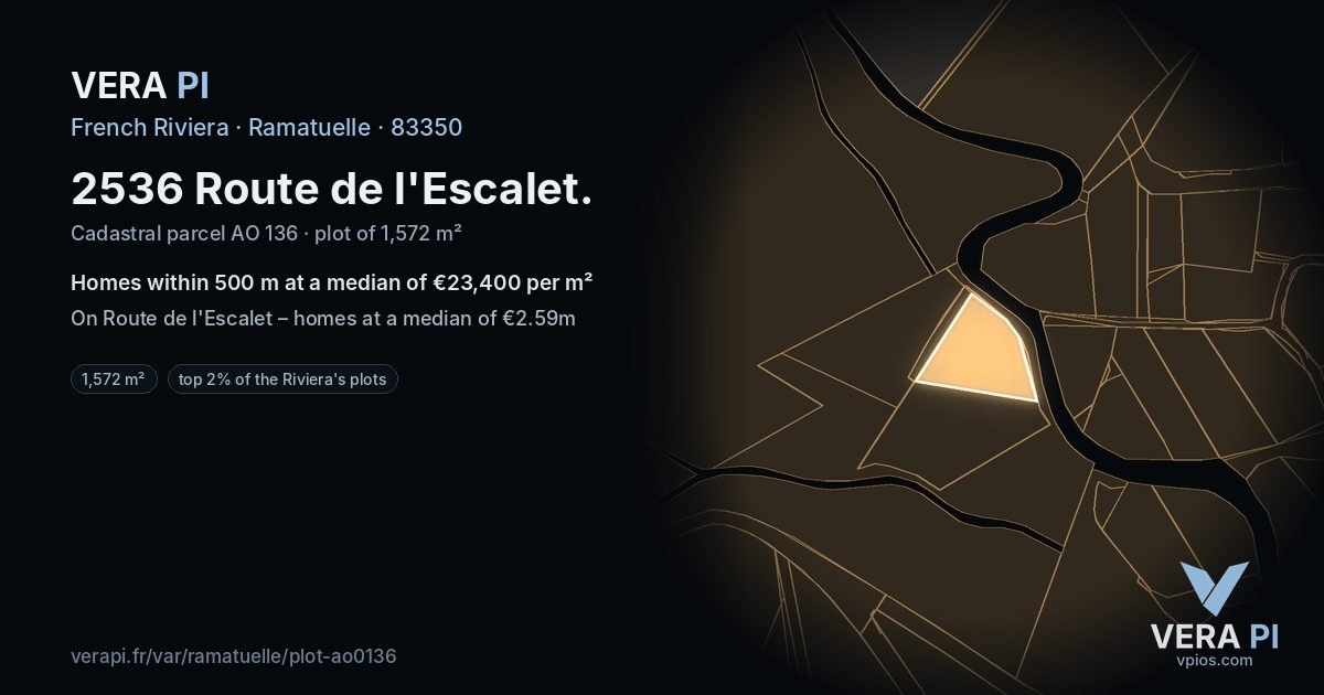 2536 Route de l'Escalet, Ramatuelle at night – the plot lit, the parcels around coloured by the prices near them