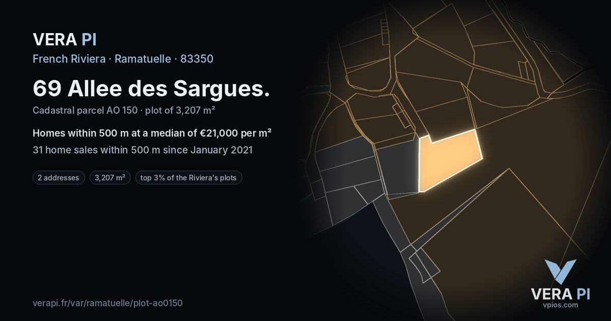 69 Allee des Sargues, Ramatuelle at night – the plot lit, the parcels around coloured by the prices near them