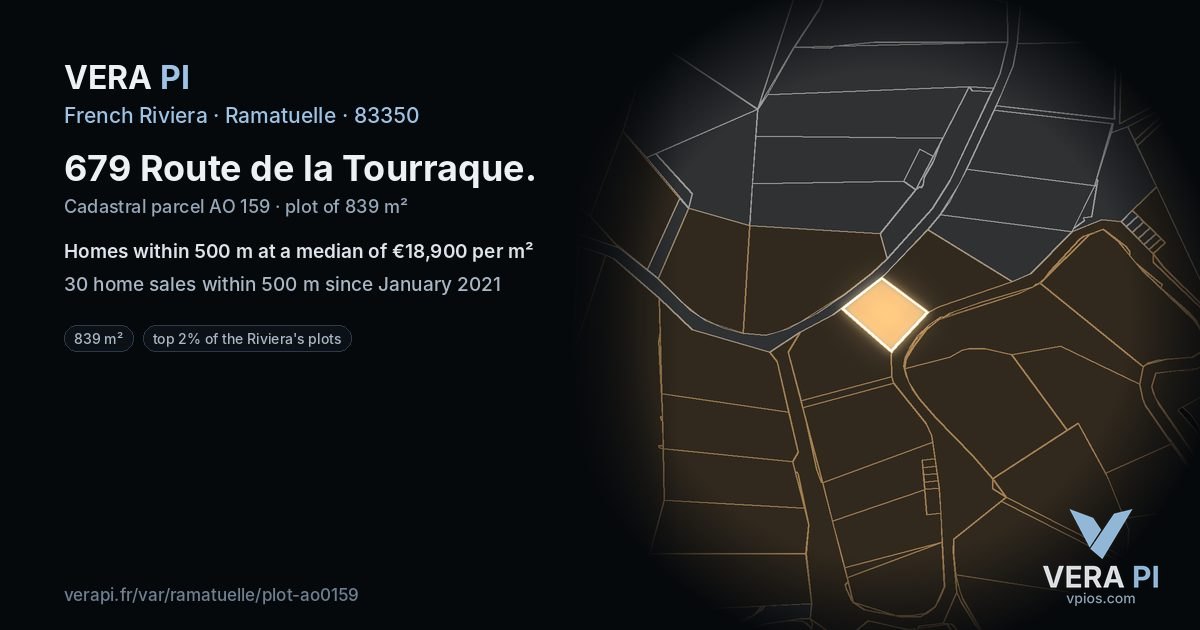 679 Route de la Tourraque, Ramatuelle at night – the plot lit, the parcels around coloured by the prices near them