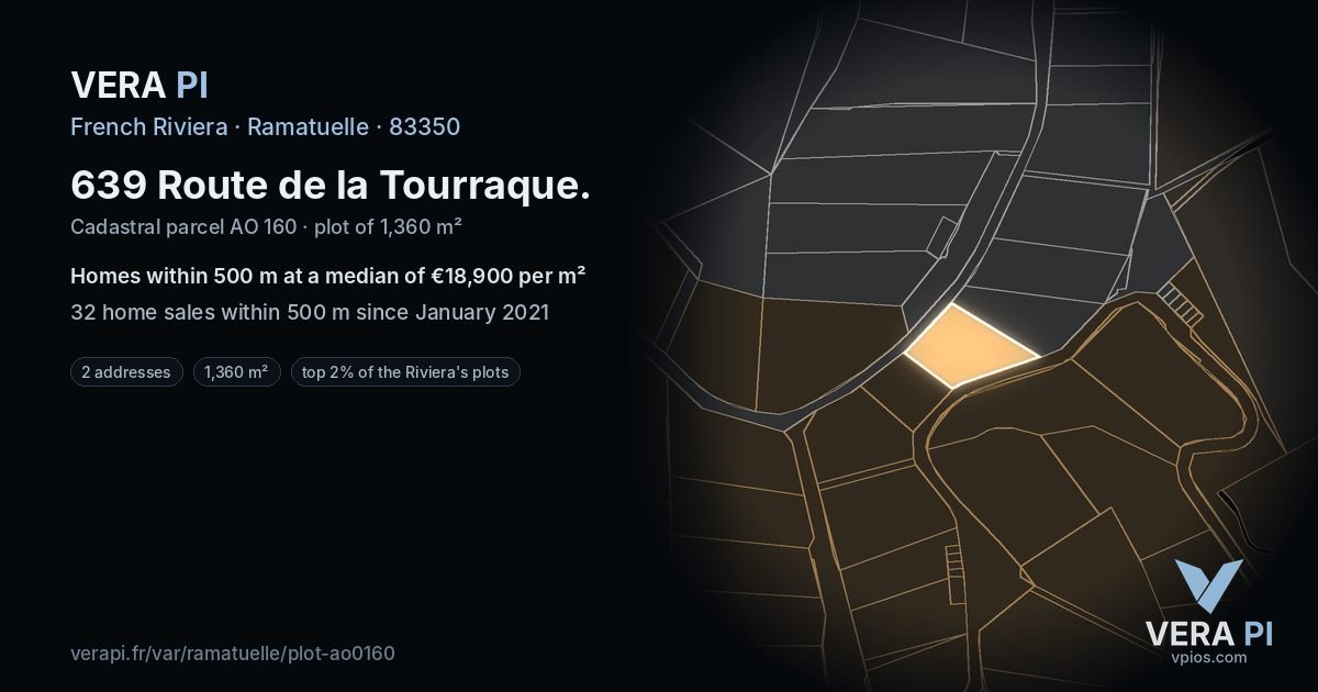 639 Route de la Tourraque, Ramatuelle at night – the plot lit, the parcels around coloured by the prices near them
