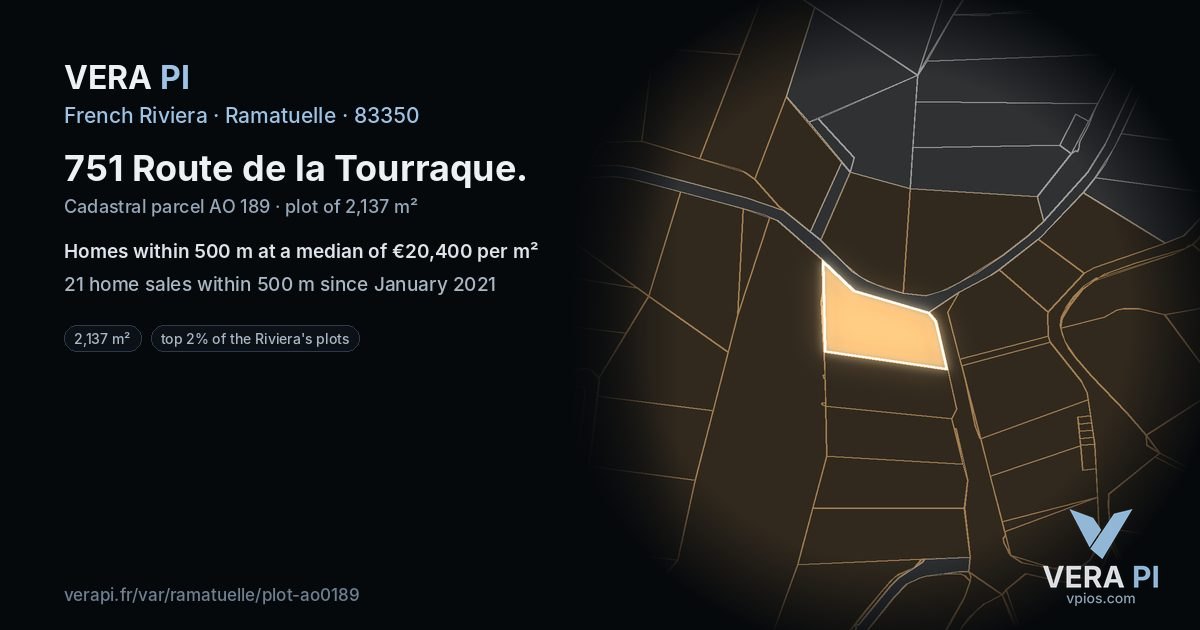 751 Route de la Tourraque, Ramatuelle at night – the plot lit, the parcels around coloured by the prices near them