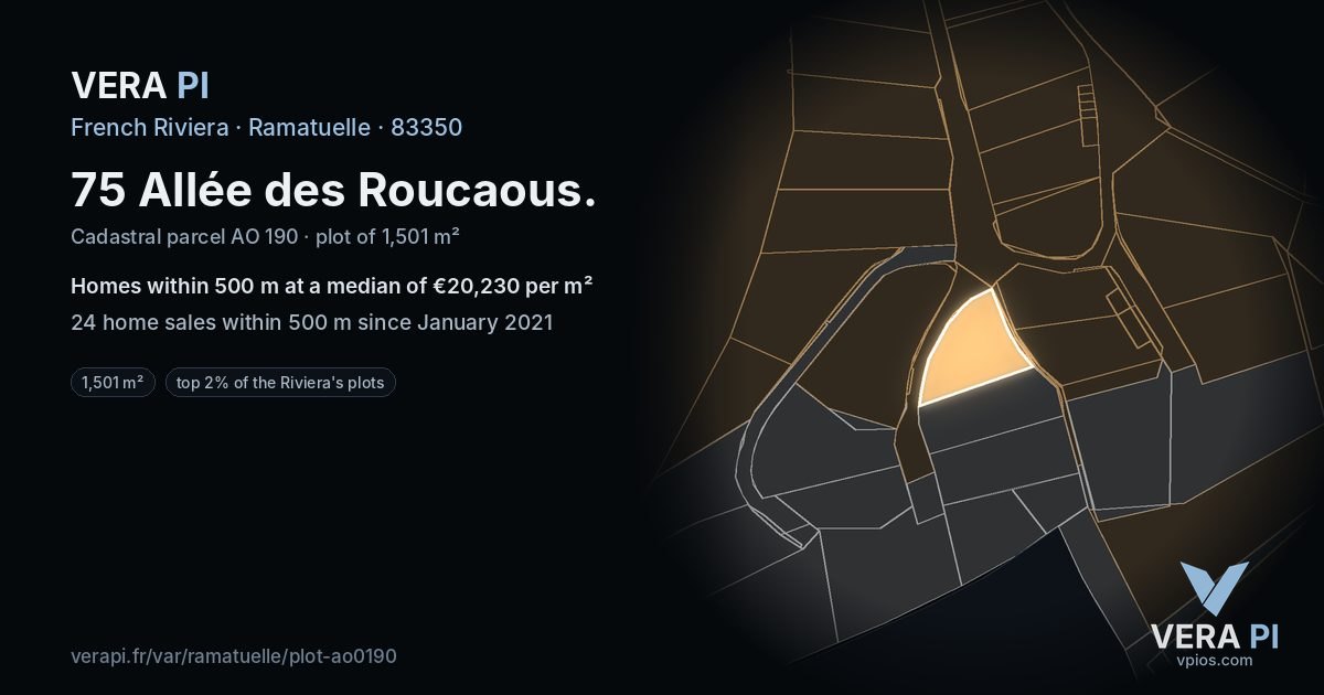 75 Allée des Roucaous, Ramatuelle at night – the plot lit, the parcels around coloured by the prices near them