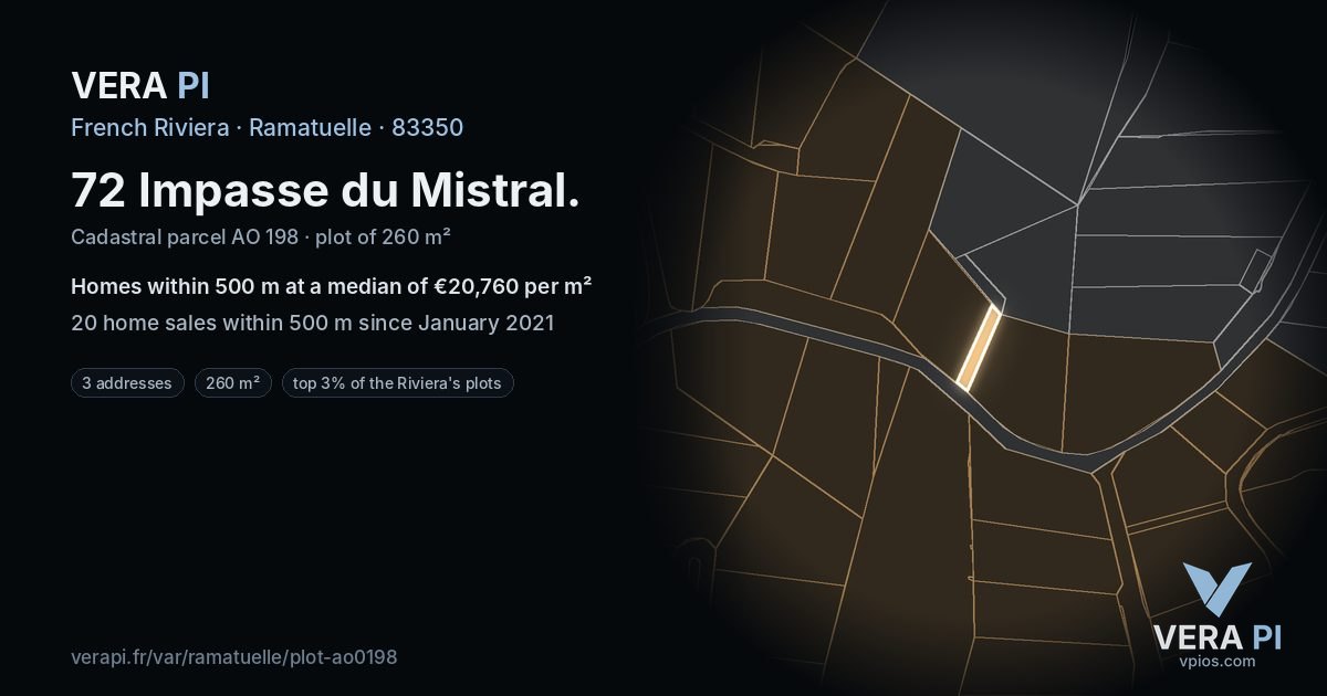 72 Impasse du Mistral, Ramatuelle at night – the plot lit, the parcels around coloured by the prices near them