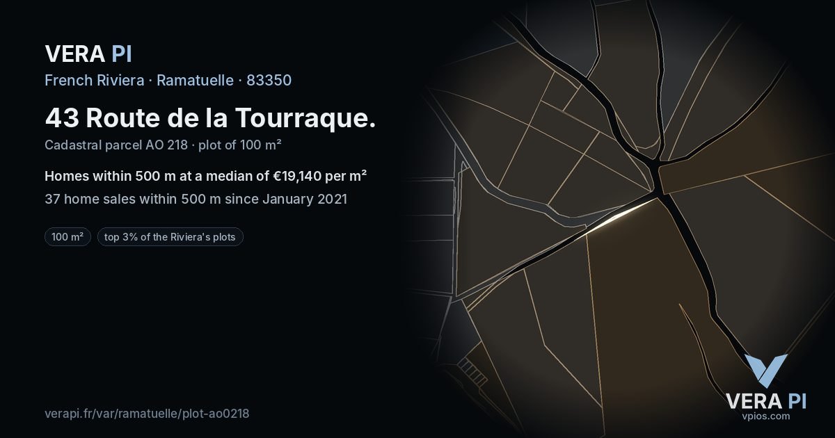 43 Route de la Tourraque, Ramatuelle at night – the plot lit, the parcels around coloured by the prices near them