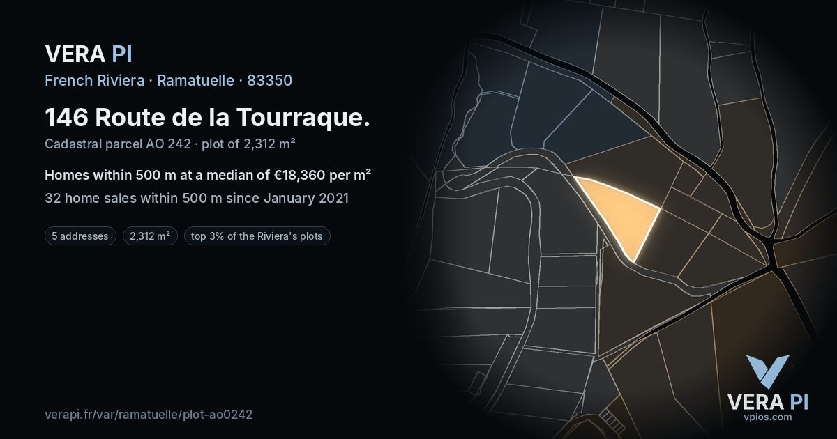 146 Route de la Tourraque, Ramatuelle at night – the plot lit, the parcels around coloured by the prices near them